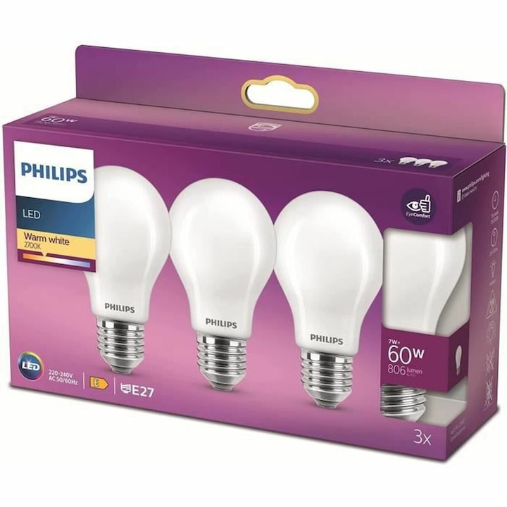 Комплект от 3 LED крушки Philips, 7W еквивалент на 60W, 806lm, 2700K, топло бяло, E27