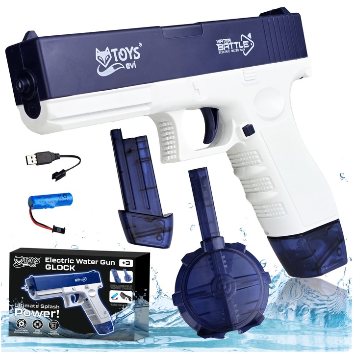 Pistol cu apa electric automat EVI TOYS AQUA GLOCK, pentru copii, 2 Incarcatoare 500ml/60ml, Raza 10m, Acumulator 500mAh, USB, Alb/Albastru