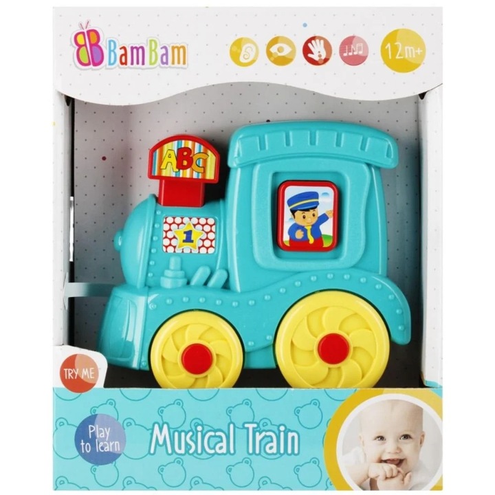 Jucarie muzicala Bam Bam - Locomotiva, 17x21x6 cm, 12+ luni