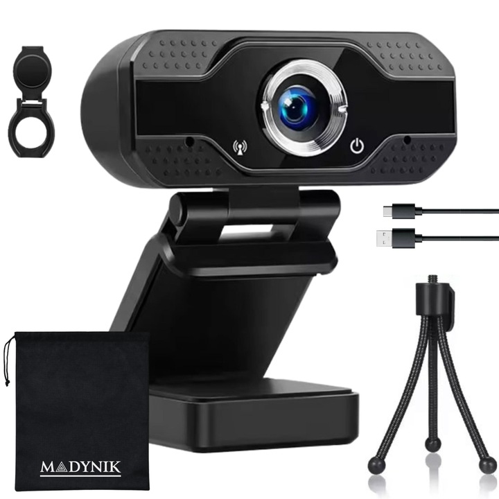 Уеб камера Madynik, Full HD, 1080P, Plug and Play, 360° въртене, 130° ъгъл, микрофон за намаляване на шума, USB 2.0 кабел, статив, включен капак за поверителност и защитен капак