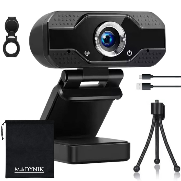 Camera Web Madynik, Full HD, 1080P, Plug and Play, Rotatie 360°, Unghi 130°, Microfon cu Reducere Zgomot, Cablu USB 2.0, Trepied, Capac Intimitate si Husa Protectie incluse