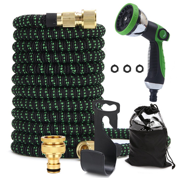 Furtun Gradina Extensibil 5m-15m, Latex 3 Straturi, Conectori Alama, Duza 10 Functii, Rezistent la Presiune 3-12 Bari, Culoare verde, Manolex®