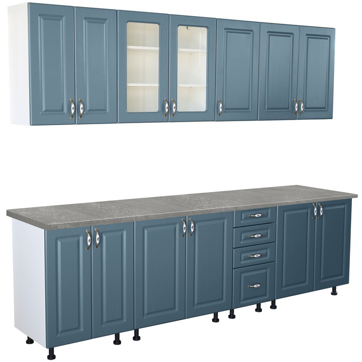 Bucatarie Zebra 260 cm din MDF Albastru cu blat termoizolant gri