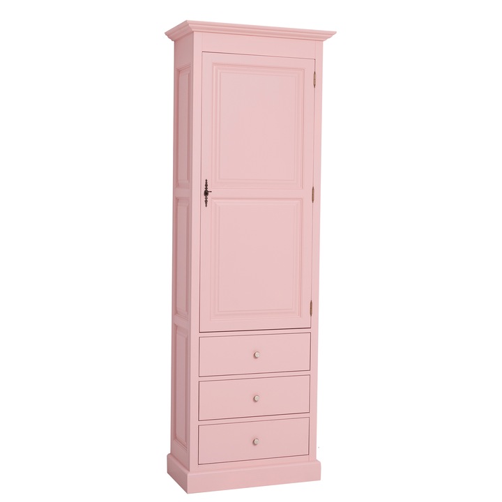 Dulap cu 1 usa mare, 3 sertare, culoare roz P043, vopsit, 100% lemn masiv