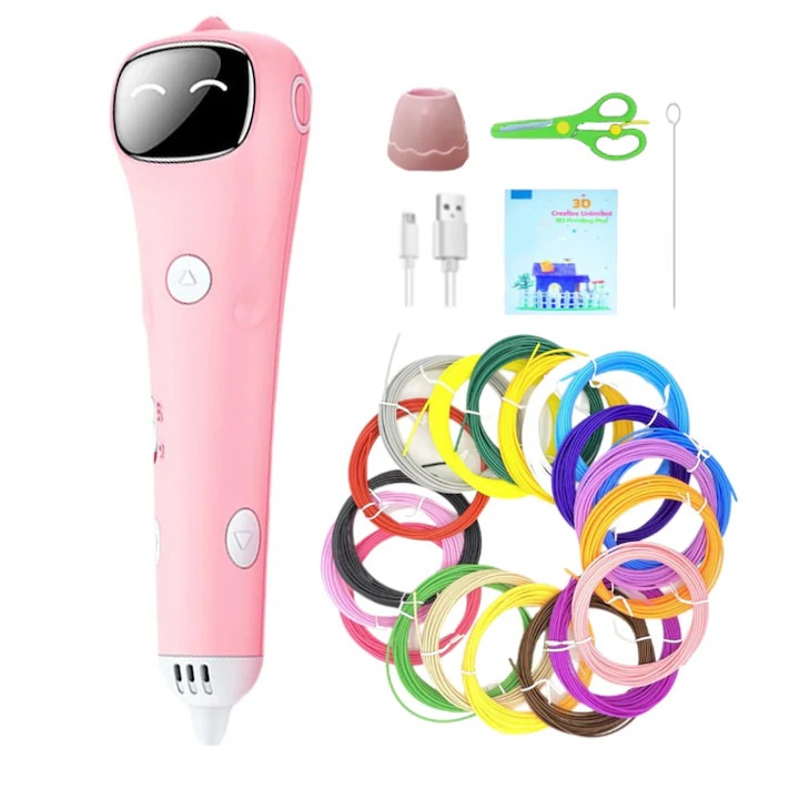 Creion 3D pentru desenat si creat in spatiu 3D LUKETO®, Display LCD, Filament PCL 1.75mm inclus, Temperatura scazuta, Incarcare USB, Sigur pentru copii, Accesorii incluse, Roz