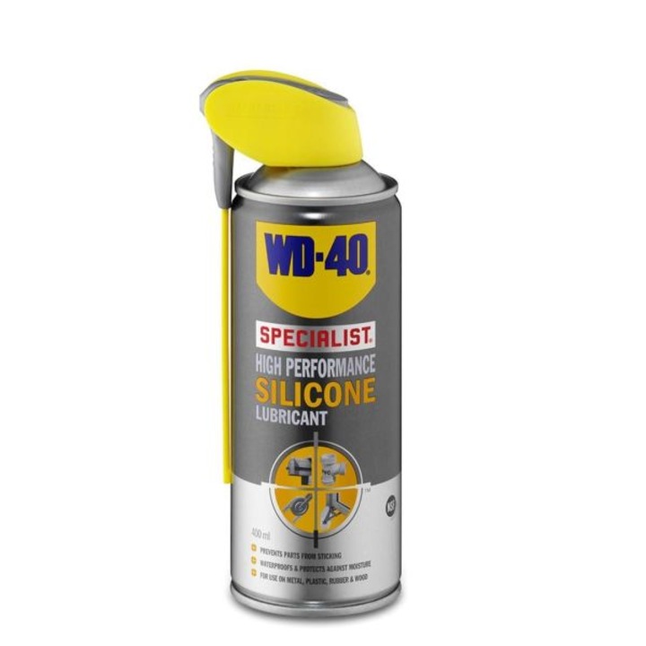 Spray silicon 400ml WD-40 destinat echipamentelor supuse la presiuni ridicate, pentru piesele din cauciuc precum tevi, cheder de usa si ferestre, fitinguri pentru instalatii si curele, poate fi utilizat chiar si pe metal, plastic sau lemn fara a lasa pete