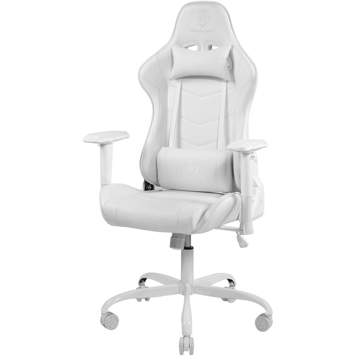 Стол Gaming Deltaco Gaming WCH80, PU кожа, Ергономичен, Метална основа, Висок гръб, Лумбална и цервикална възглавница, Бял
