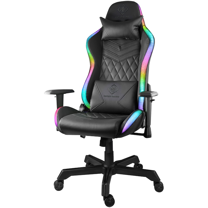 Scaun Gaming Deltaco Gaming GAM-080, RGB, USB, reglabil, perne pentru spate si gat (Negru)