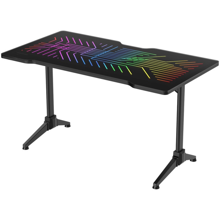 Бюро Gaming Deltaco Gaming DT420, RGB, Защитен стъклен плот, Управление на кабели, Поставка за чаша и слушалки, Черен