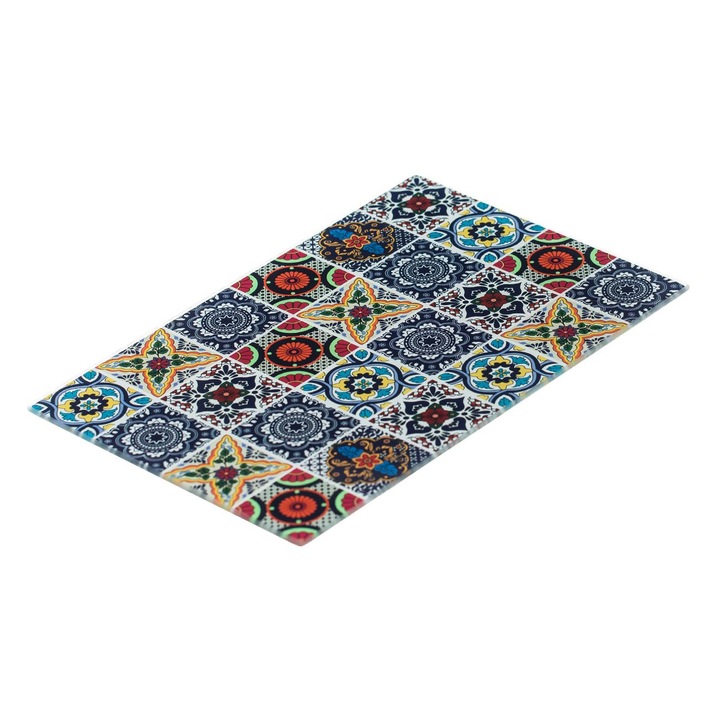 Üveg vágódeszka színes csempe mintával és Shopiens szilikon lábakkal, 30 x 20 cm