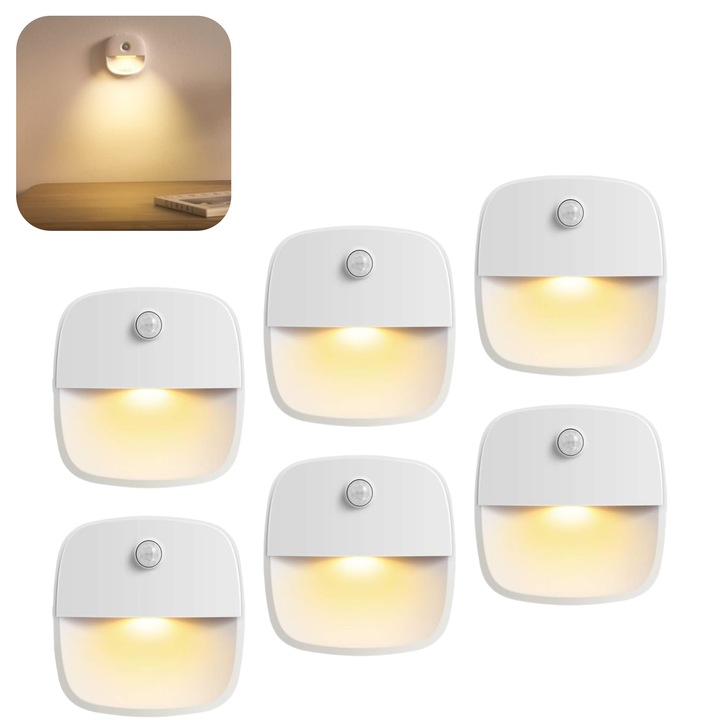 Set 6 lampa LED de veghe cu senzor de miscare, ZUNSEAT, Alimentata cu Baterii, 3IN1 lumina alba calda, pentru dressing, dulap de bucatarie, baie, hol, scari, LED, Alb Cald, Fara Fir, Autoadezive