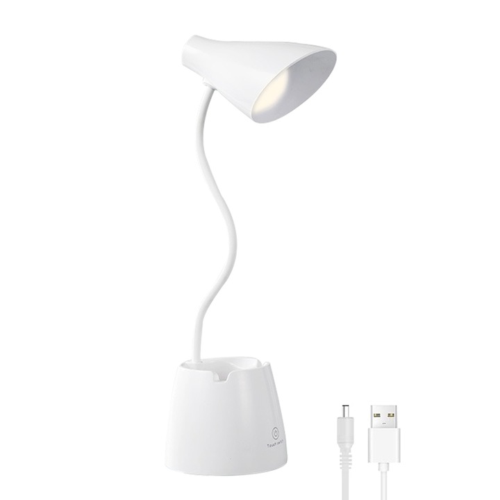 Настолна лампа, VIELLAN, 3 режима на осветяване, защита за очите, гъвкава, сензорно управление, 2000 mAh, бяла