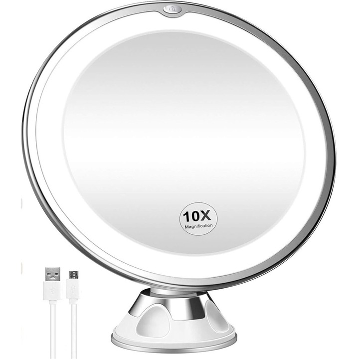Oglinda cosmetica, ABS, Marire 10x, LED, Alb/Argintiu