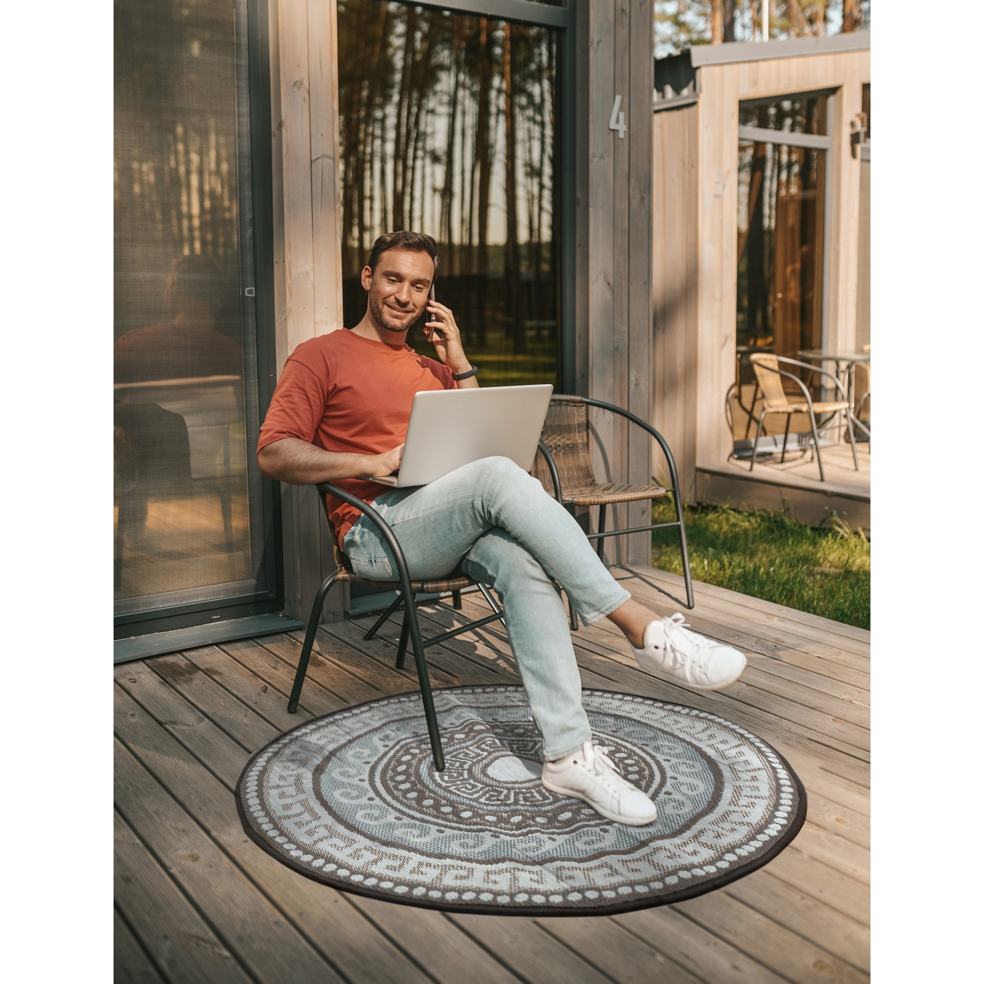 Rotupd Covor de exterior, e-floor, motiv grecesc, rotund, 120 cm, bej - eMAG.ro