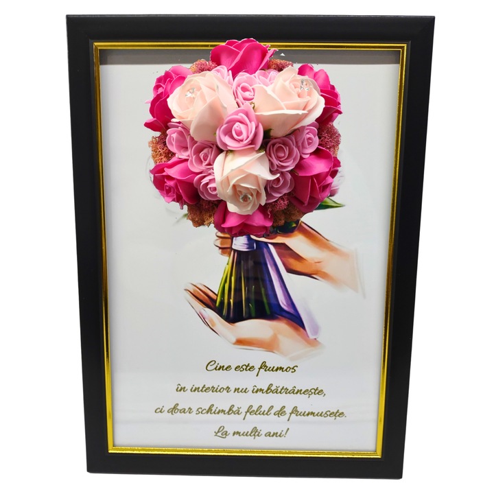 Tablou in rama A4 (30x21 cm) - Cine este frumos in interior nu imbatraneste, ci doar schimba felul de frumusete - v18 decorat cu flori de sapun roz - roz pal