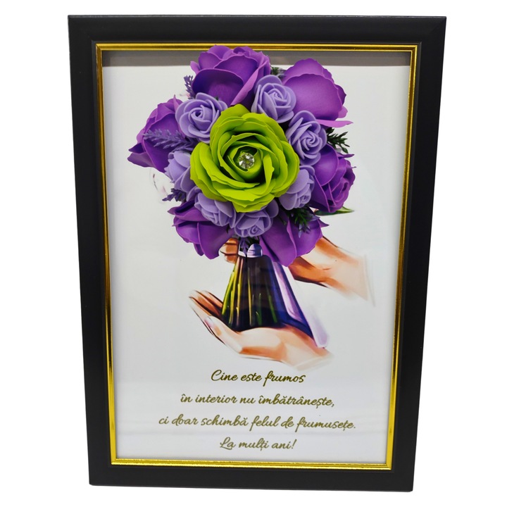 Tablou in rama A4 (30x21 cm) - Cine este frumos in interior nu imbatraneste, ci doar schimba felul de frumusete - v18 decorat cu flori de sapun mov - verde