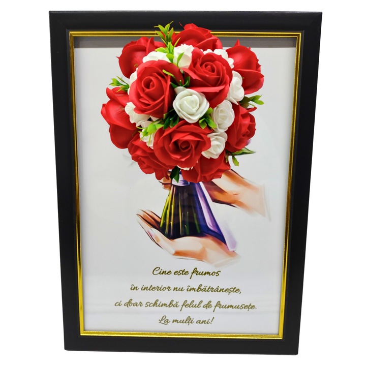 Tablou in rama A4 (30x21 cm) - Cine este frumos in interior nu imbatraneste, ci doar schimba felul de frumusete - v18 decorat cu flori de sapun rosu - alb
