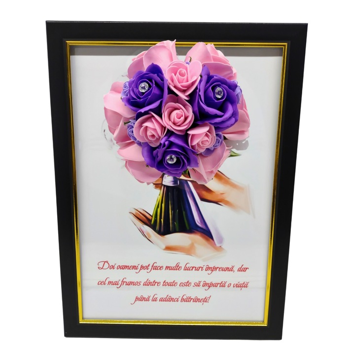 Tablou in rama A4 (30x21 cm) - Doi oameni pot face multe lucruri impreuna - v18 decorat cu flori de sapun mov - roz