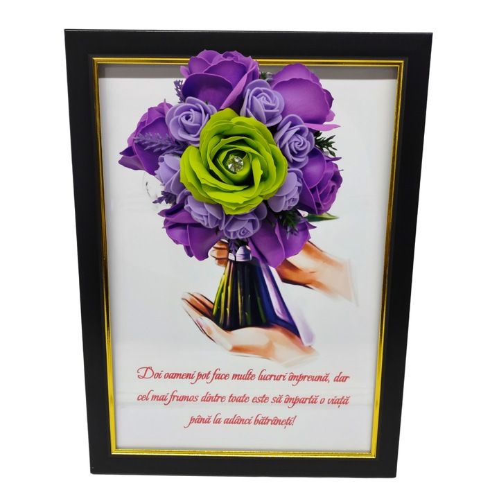 Tablou in rama A4 (30x21 cm) - Doi oameni pot face multe lucruri impreuna - v18 decorat cu flori de sapun mov - verde