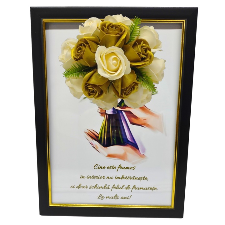 Tablou in rama A4 (30x21 cm) - Cine este frumos in interior nu imbatraneste, ci doar schimba felul de frumusete - v18 decorat cu flori de sapun auriu - galben