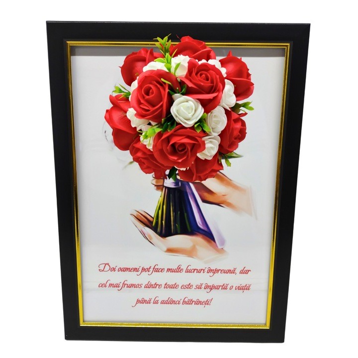 Tablou in rama A4 (30x21 cm) - Doi oameni pot face multe lucruri impreuna - v18 decorat cu flori de sapun rosu - alb