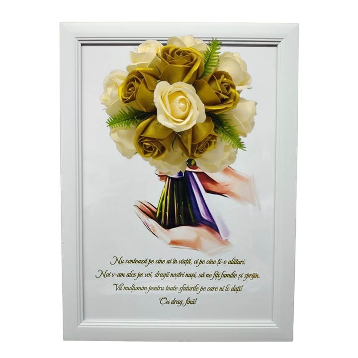 Tablou in rama A4 (30x21 cm) - Nu conteaza pe cine ai in viata, ci pe cine ti-e alaturi - v19 decorat cu flori de sapun auriu - galben