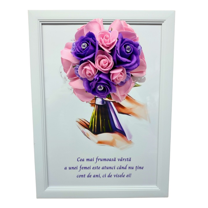 Tablou in rama A4 (30x21 cm) - Cea mai frumoasa varsta a unei femei este atunci cand nu tine cont de ani - v19 decorat cu flori de sapun mov - roz