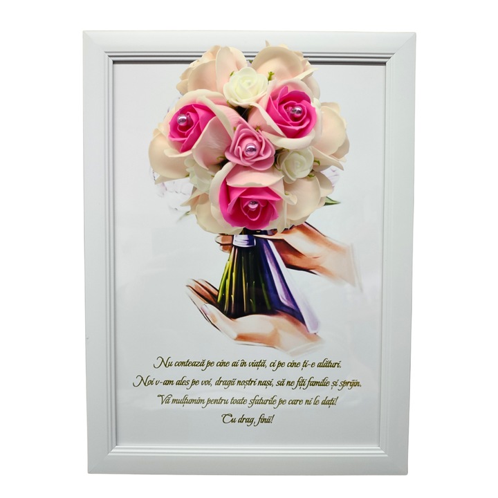 Tablou in rama A4 (30x21 cm) - Nu conteaza pe cine ai in viata, ci pe cine ti-e alaturi - v19 decorat cu flori de sapun roz deschis