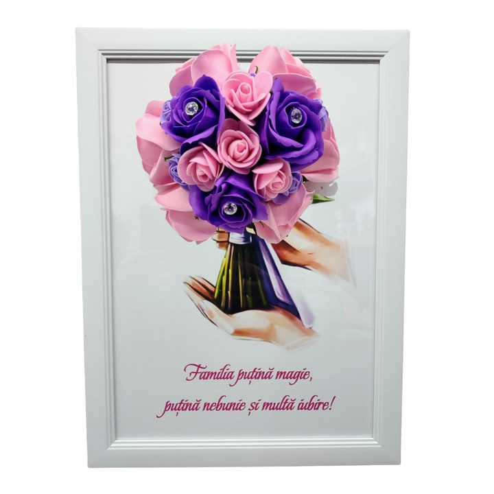 Tablou in rama A4 (30x21 cm) - Familia putina magie, putina nebunie si multa iubire - v19 decorat cu flori de sapun mov - roz