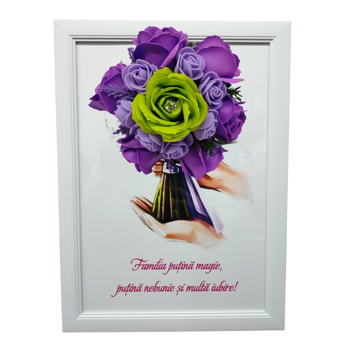 Tablou in rama A4 (30x21 cm) - Familia putina magie, putina nebunie si multa iubire - v19 decorat cu flori de sapun mov - verde