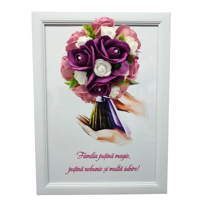 Tablou in rama A4 (30x21 cm) - Familia putina magie, putina nebunie si multa iubire - v19 decorat cu flori de sapun roz - visiniu