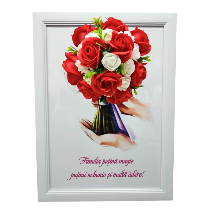 Tablou in rama A4 (30x21 cm) - Familia putina magie, putina nebunie si multa iubire - v19 decorat cu flori de sapun rosu - alb