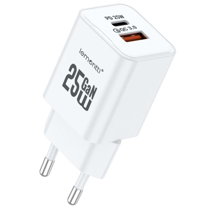Incarcator retea GaN Dual Port 1x Type-C si 1x USB-A, 25W, EU Plug, Alb