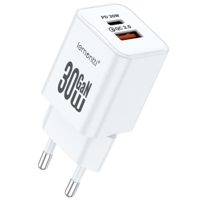 Incarcator Retea Lemontti GaN Dual Port 1x Type-C si 1x USB-A, 30W, EU Plug, Alb