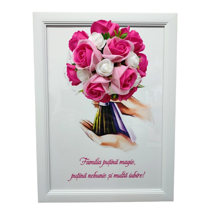 Tablou in rama A4 (30x21 cm) - Familia putina magie, putina nebunie si multa iubire - v19 decorat cu flori de sapun roz - roz inchis