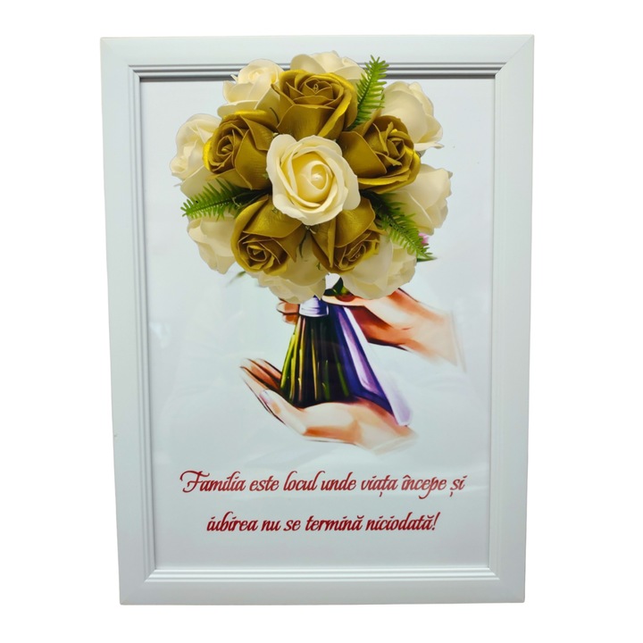 Tablou in rama A4 (30x21 cm) - Familia este locul unde viata incepe si iubirea nu se termina niciodata - v19 decorat cu flori de sapun auriu - galben