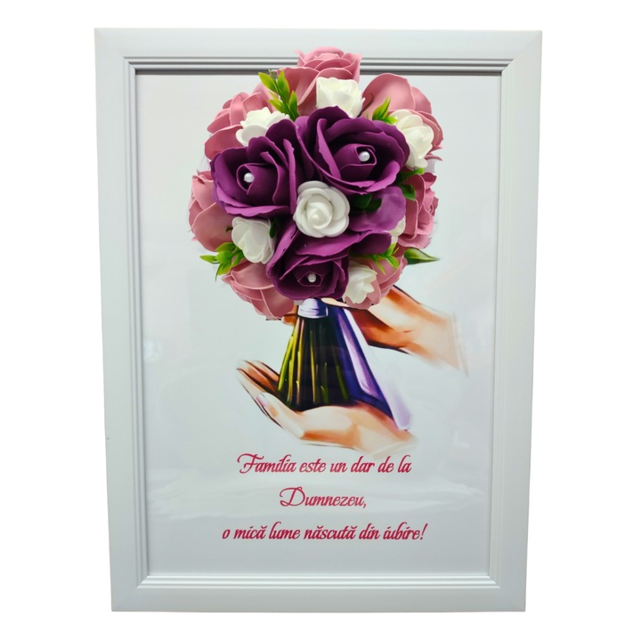 Tablou in rama A4 (30x21 cm) - Familia este un dar de la Dumnezeu, o mica lume nascuta din iubire! - v19 decorat cu flori de sapun roz - visiniu
