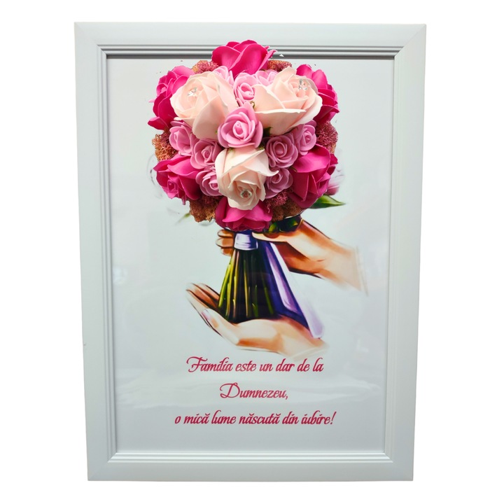 Tablou in rama A4 (30x21 cm) - Familia este un dar de la Dumnezeu, o mica lume nascuta din iubire! - v19 decorat cu flori de sapun roz - roz pal
