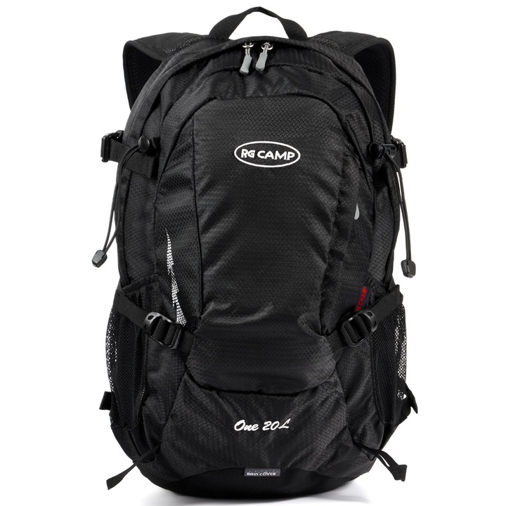 RG Camp trekking hátizsák, poliészter, űrtartalom 20L, szellőzőrendszer, esővédővel, fekete, 45x28x17cm