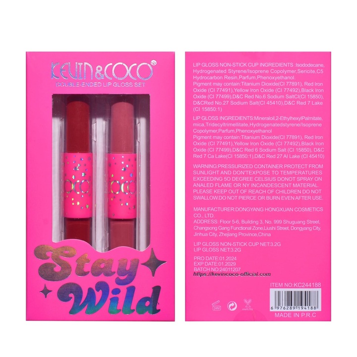 Комплект за устни, KEVIN & COCO, Stay Wild, 4 цвята, 2 гланца, 2 матови червила, 15.1x8.1x2см, розов/червен