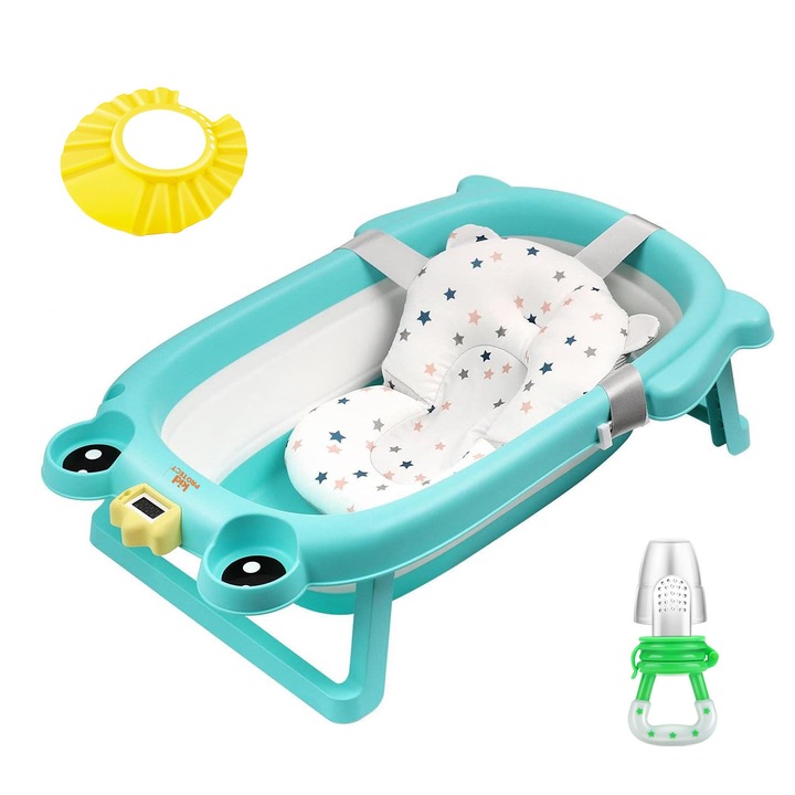 Cadita Bebelusi cu Pernuta KidProtect® Frogy Pliabila, cu Termometru Electronic Incorporat, Dop Scurgere, Picioruse Antiderapante, Design Ergonomic, Suport Dus, Gaura Agatare, Albastru
