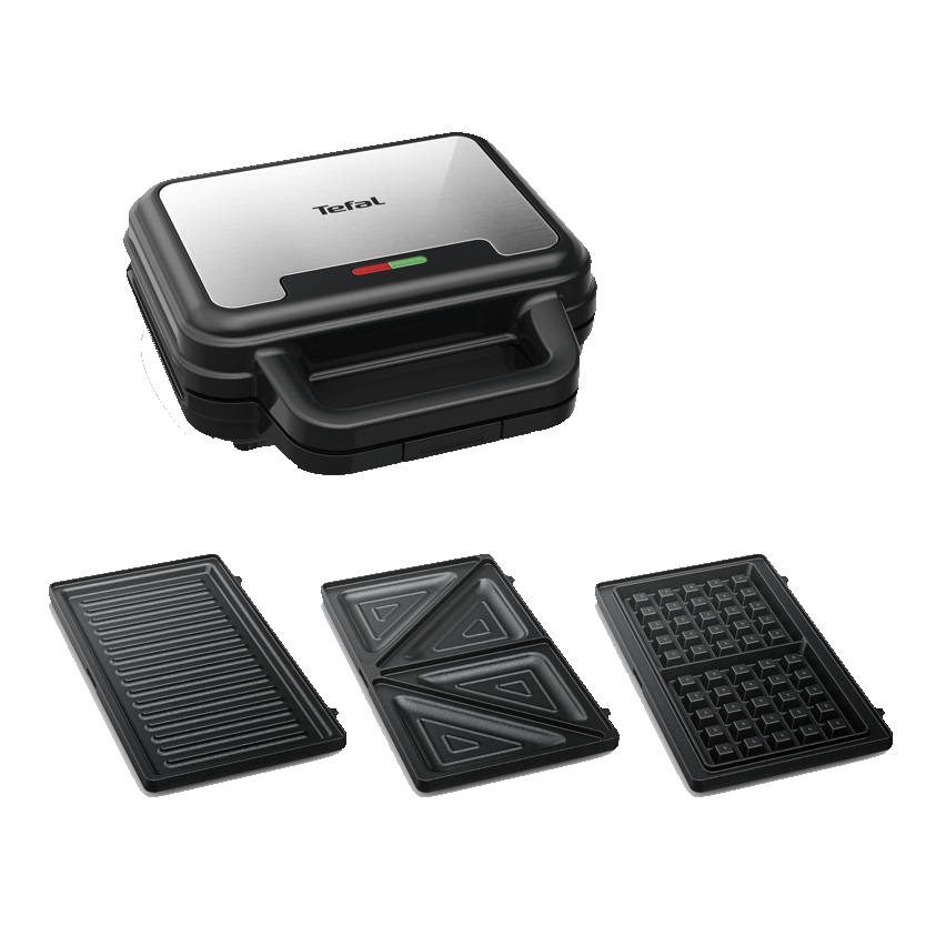 Sandwich maker Tefal UltraCompact 3 in 1 SW383D10, 700W, placi detasabile pentru gofre, sandwich-uri si panini, invelis antiaderent, negru & argintiu