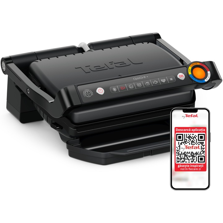 Gratar electric Tefal OptiGrill+ GC717810, 2000W, 6 programe de gatire automate, indicator gatire, placi detasabile cu invelis antiaderent, negru