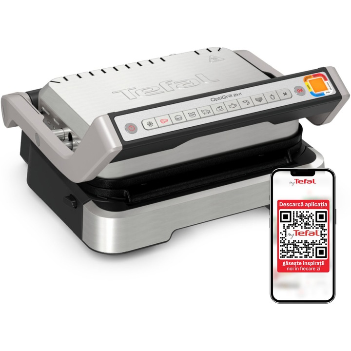 Gratar electric Tefal OptiGrill 2 in 1 GC773D30, 2100W, 9 programe de gatire automate, indicator gatire, placi detasabile cu invelis antiaderent, argintiu