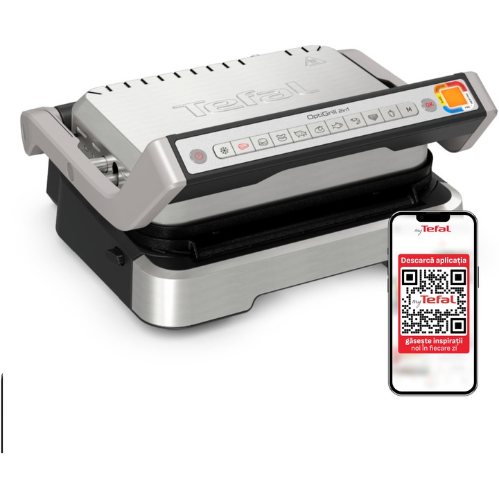 Gratar electric Tefal OptiGrill 2 in 1 GC773D30, 2100W, 9 programe de gatire automate, indicator gatire, placi detasabile cu invelis antiaderent, argintiu