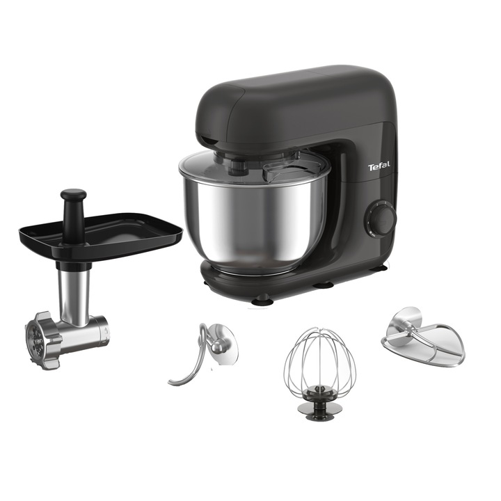 Кухненски робот Tefal Bake Essential QB161H38, 800W, Обем на купата 4.8 л, 6 степени на скорост, 3 функции - бъркалка, аксесоар за смесване, кука за тесто, Черен