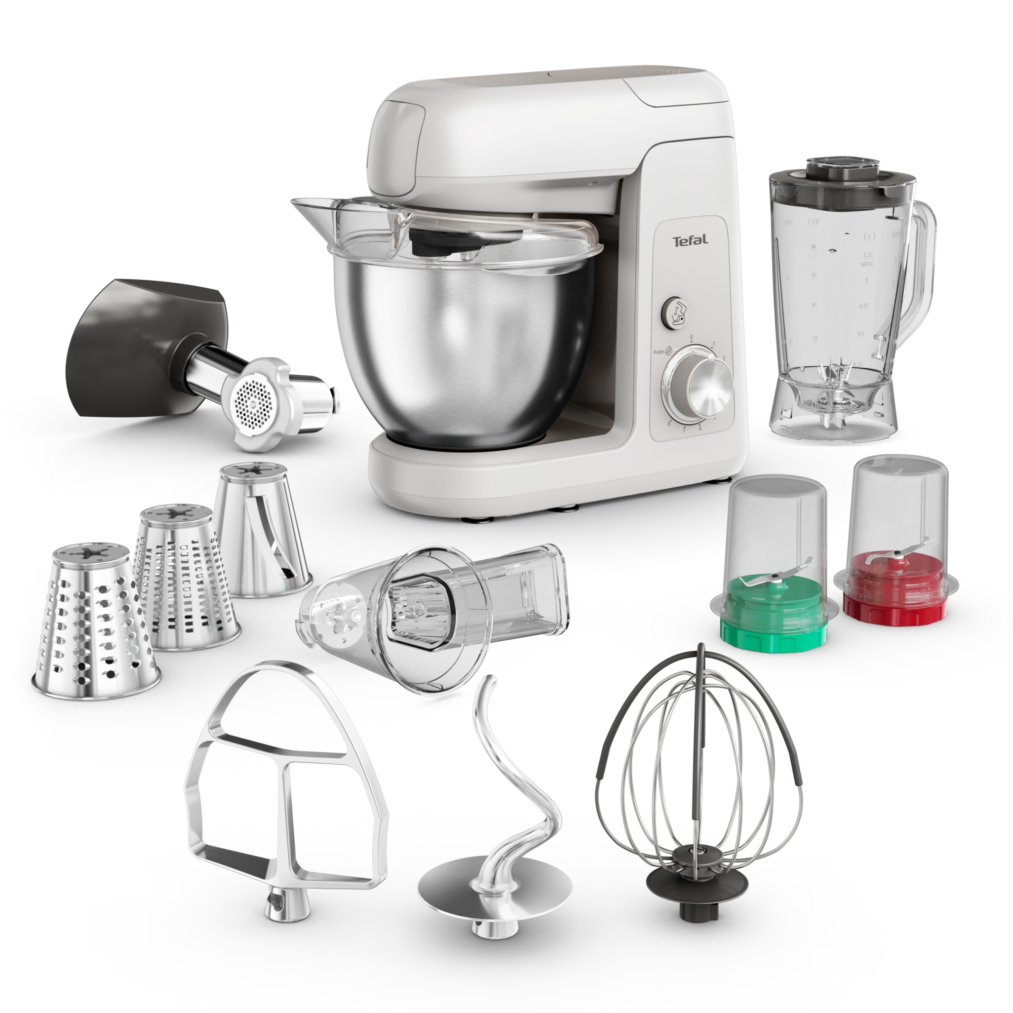 Robot de bucatarie Tefal Bake Partner QB525B38, 1100W, capacitate vas 4.6L, 8 trepte de viteza, functie Pulse, capacitate blender 1.5L, rasnita, tocator de carne, tel, accesoriu in
