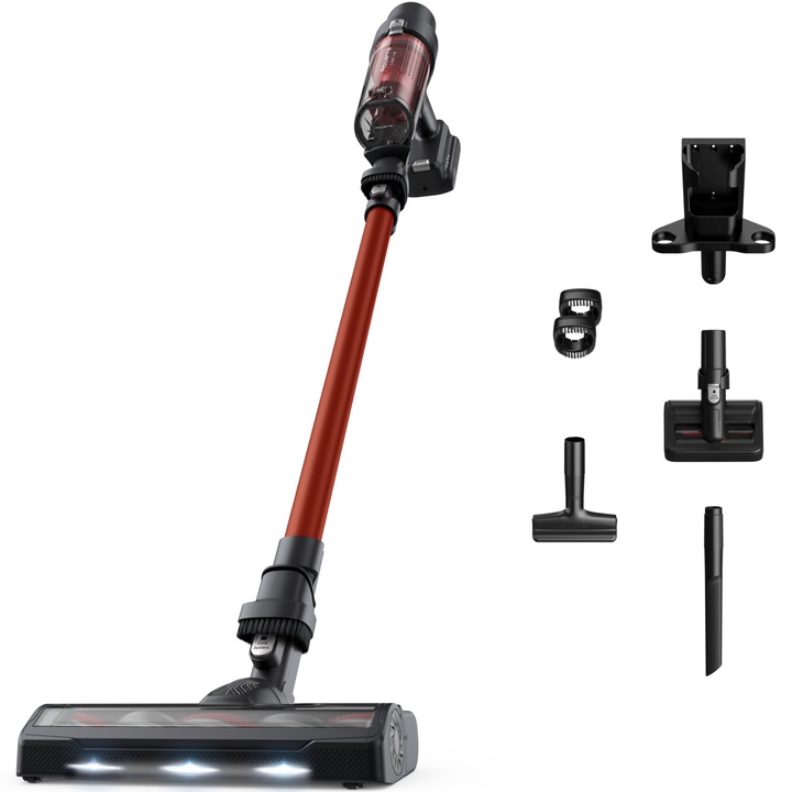 Aspirator vertical fara fir Rowenta X-Pert 7.60 RH6A73WO, 140W, autonomie 45 minute, filtrare 99%, recipient praf 0.44 L, perie cu LED, statie de incarcare cu suport accesorii, rosu & negru