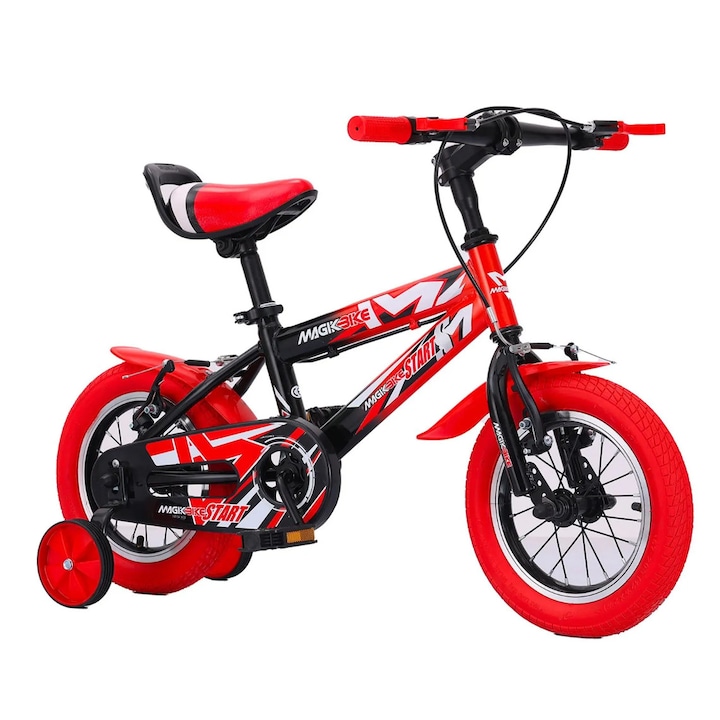 Детско колело, колела 12 цола, Magik Bikes, модел StartPro BiColor за момчета, 2 ръчни спирачки, помощни колела и протектори за верига, червено с черно