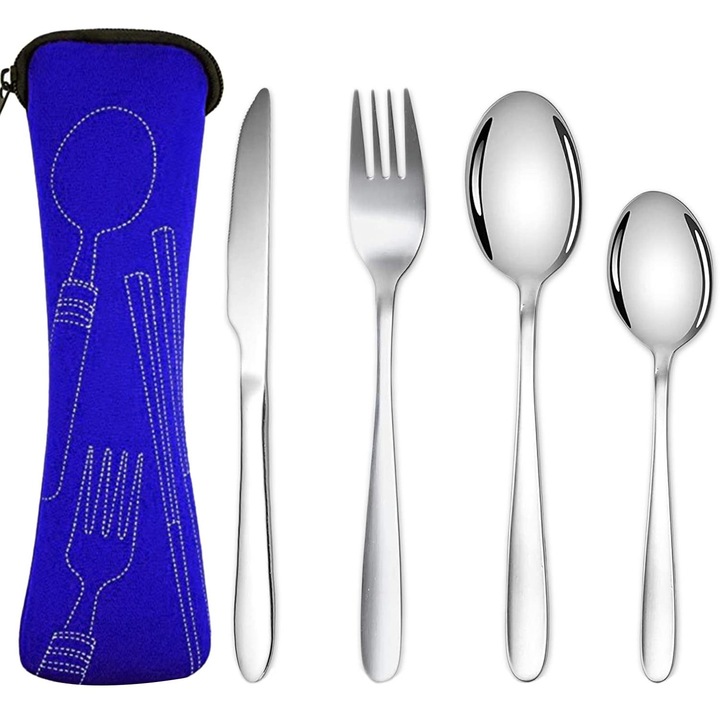 Къмпинг комплект прибори, неръждаема стомана, 4 части, с преносим капак, син